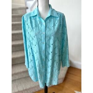 Amita Naithani Aqua Blue Floral Lace Button Down Shirt Swim Cover Up